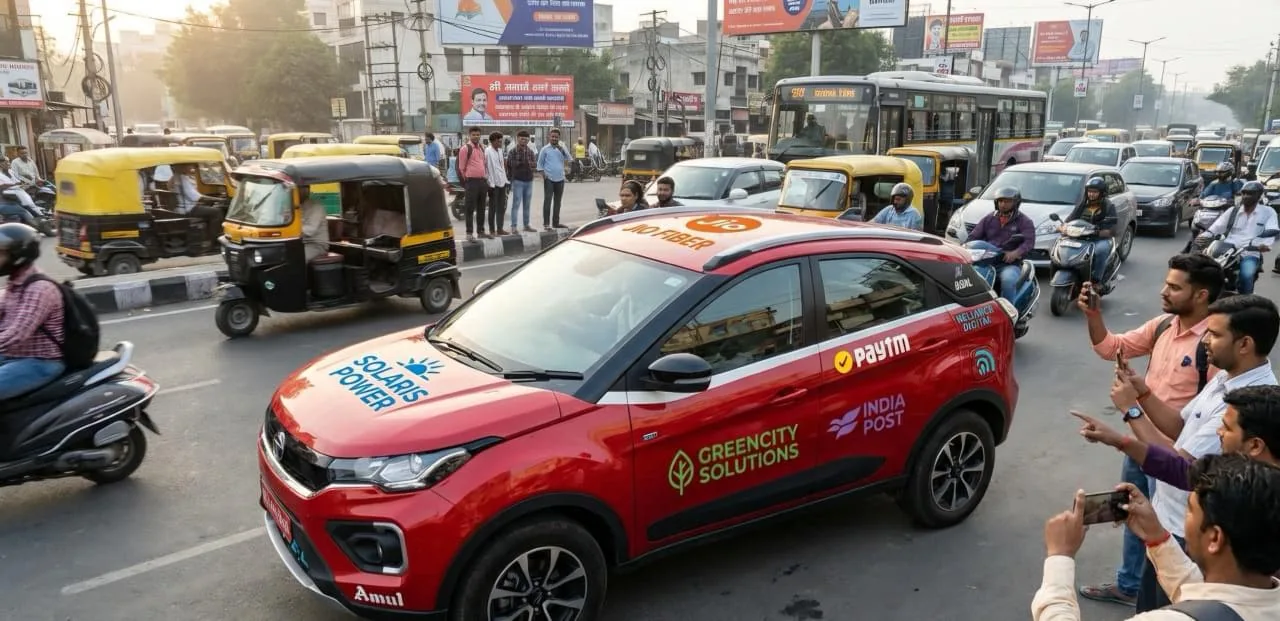 A branded car in city traffic, logos across the bonnet, doors and roof