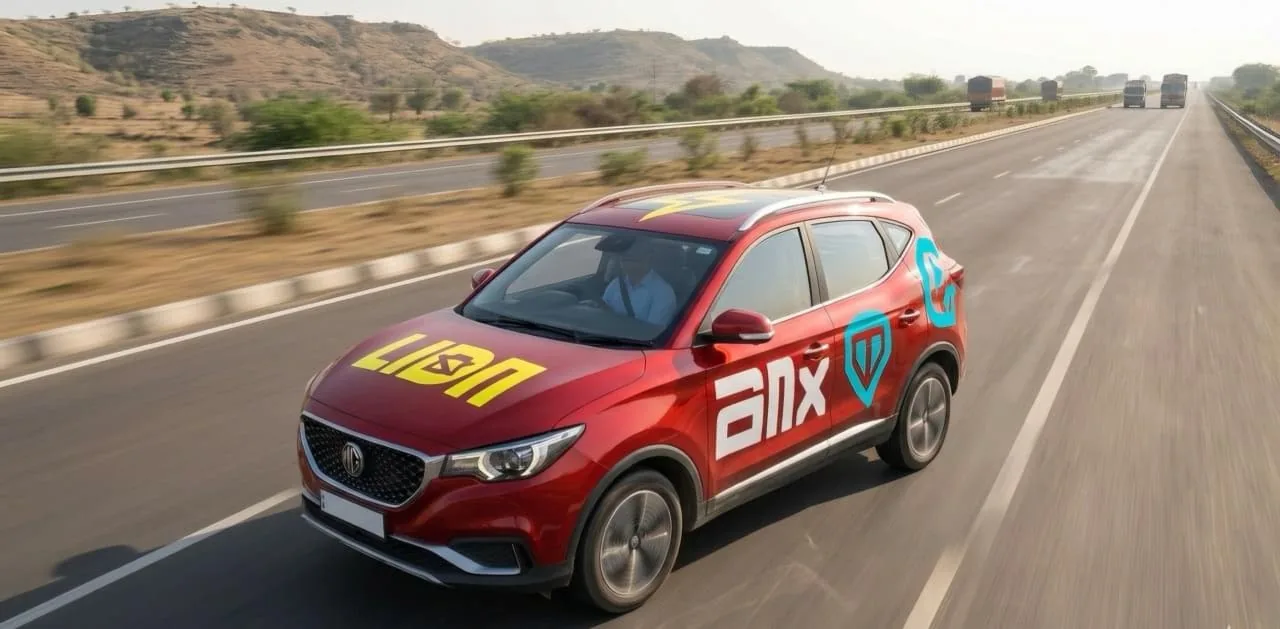 The same idea on the highway, logos across the bonnet and doors
